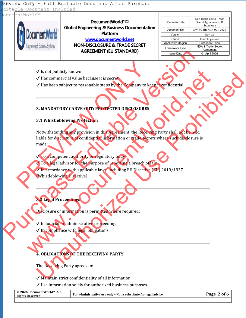 EU NDA Agreement Template – Non-Disclosure & Trade Secret Contract (GDPR Compliant, Editable DOCX)