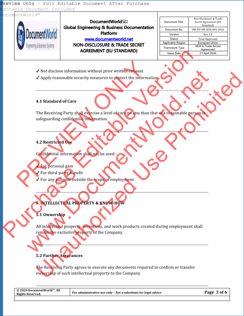 EU NDA Agreement Template – Non-Disclosure & Trade Secret Contract (GDPR Compliant, Editable DOCX)