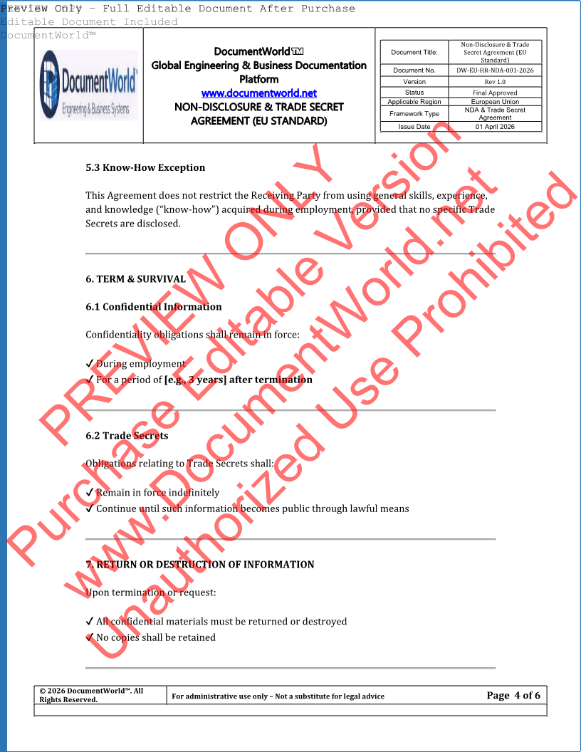 EU NDA Agreement Template – Non-Disclosure & Trade Secret Contract (GDPR Compliant, Editable DOCX)