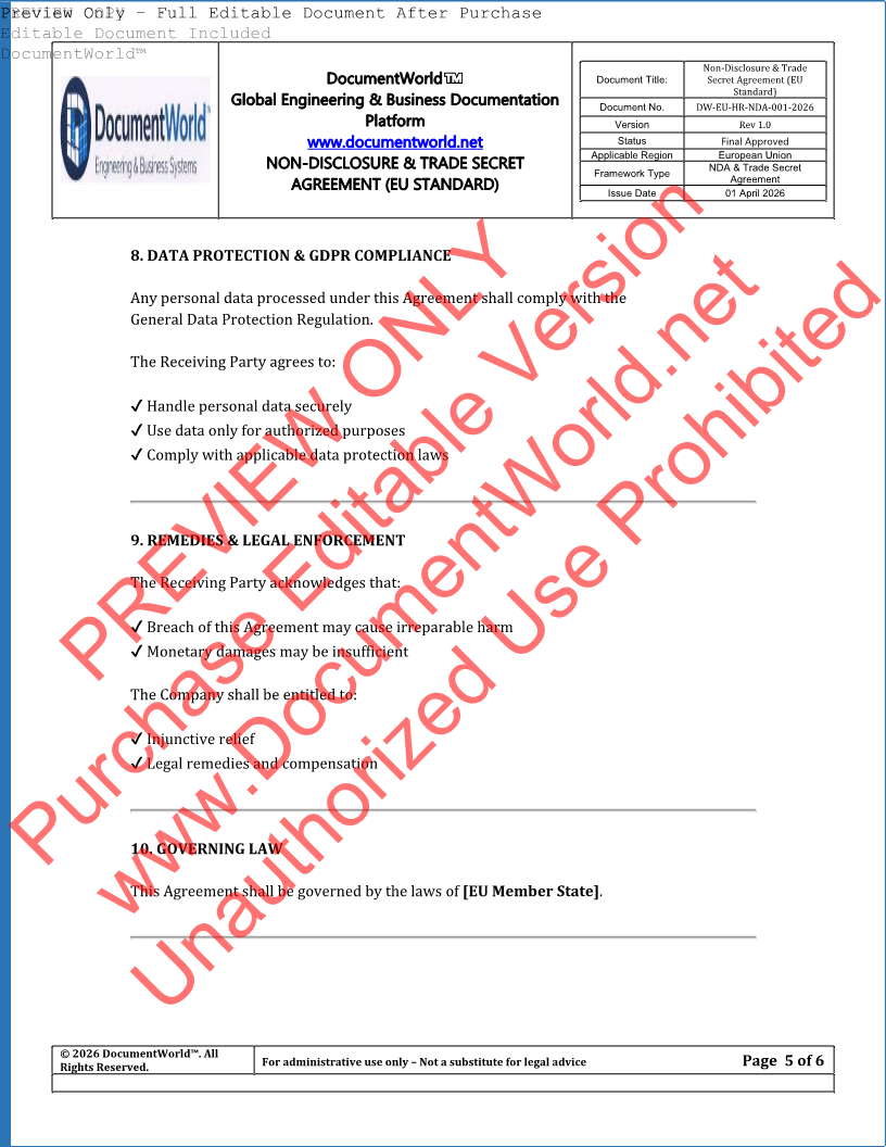 EU NDA Agreement Template – Non-Disclosure & Trade Secret Contract (GDPR Compliant, Editable DOCX)