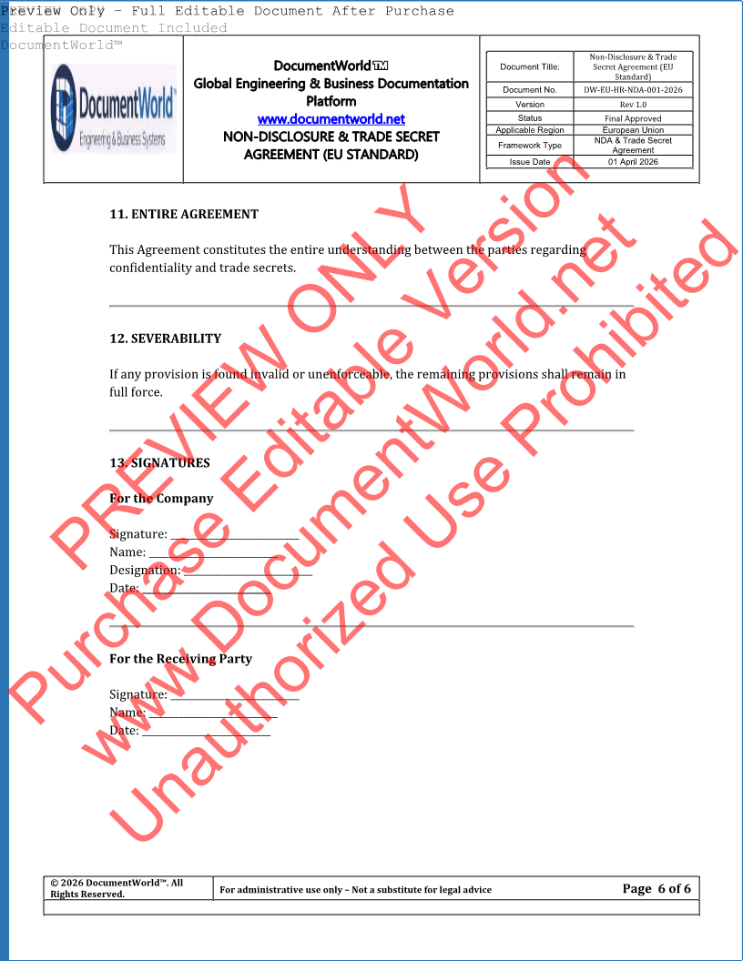 EU NDA Agreement Template – Non-Disclosure & Trade Secret Contract (GDPR Compliant, Editable DOCX)