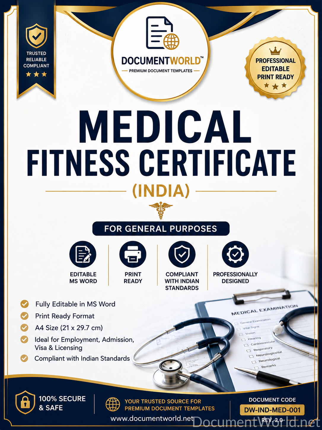 Medical Fitness Certificate (India) – Editable Microsoft Word Template | DocumentWorld™