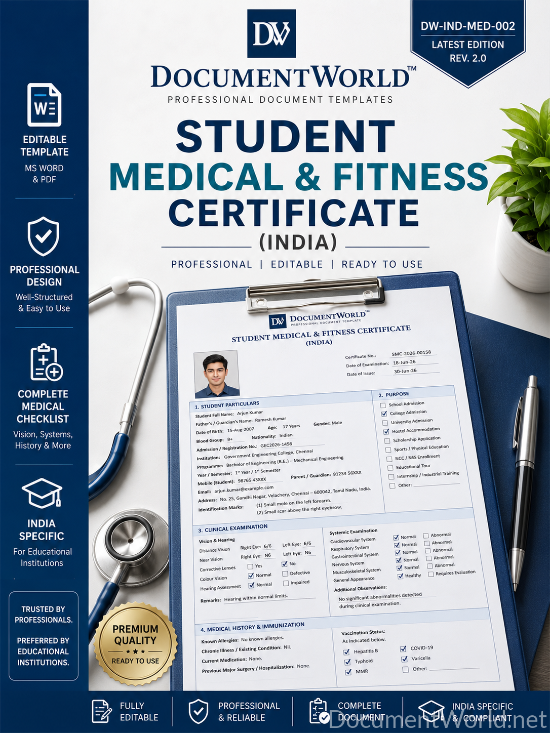 Student Medical & Fitness Certificate India Editable Word Template