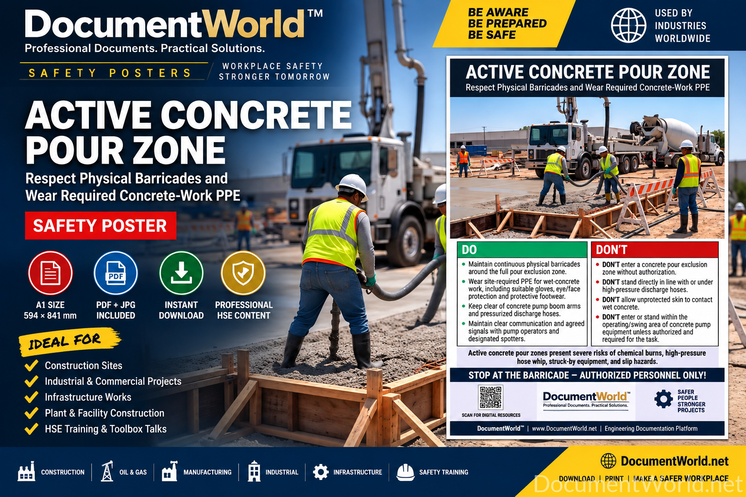 Active Concrete Pour Zone Safety Poster – Concrete Pump Barricade PPE HSE Poster