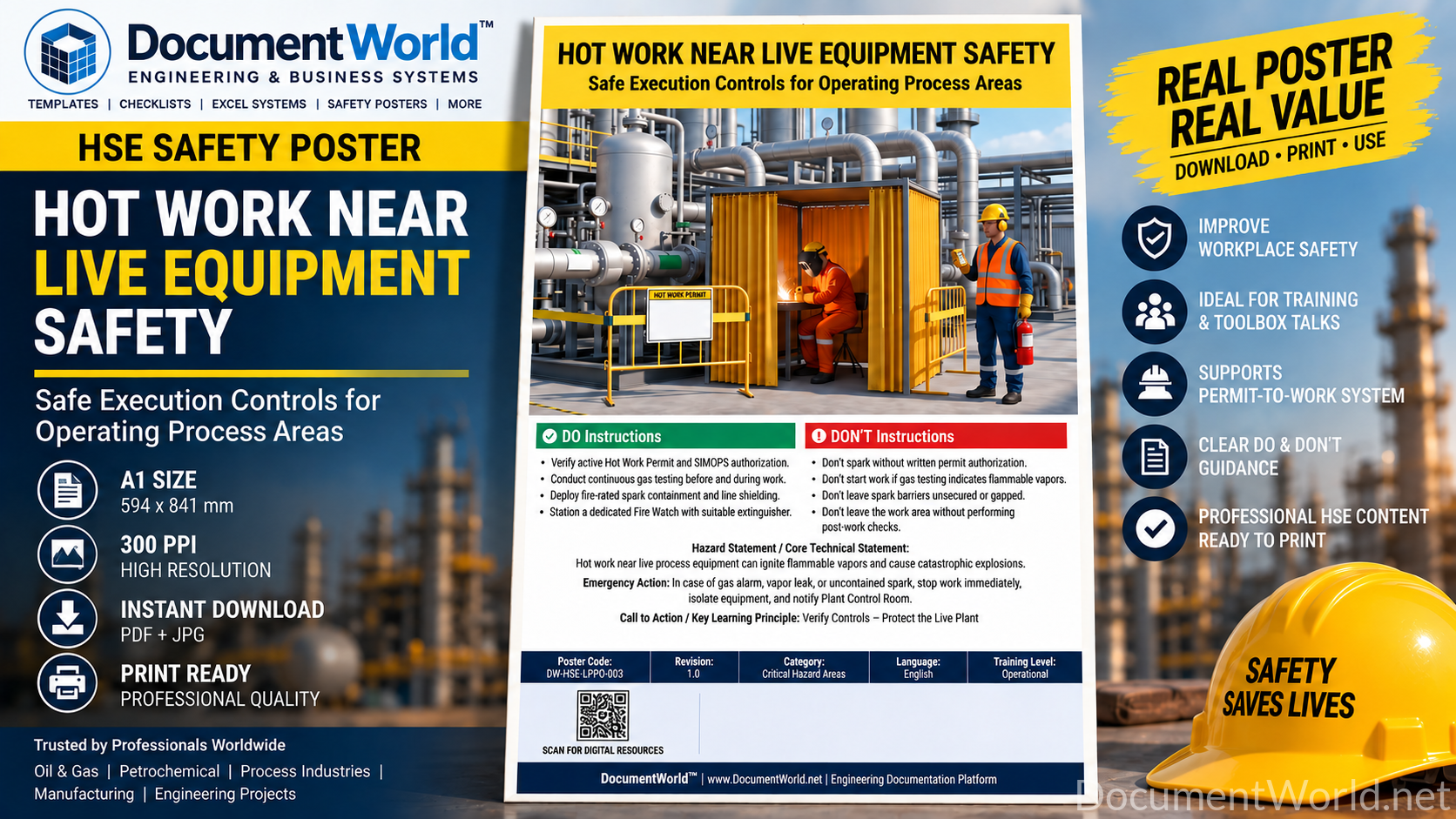 Hot Work Near Live Equipment Safety Poster – A1 HSE Permit-to-Work & Fire Prevention Poster